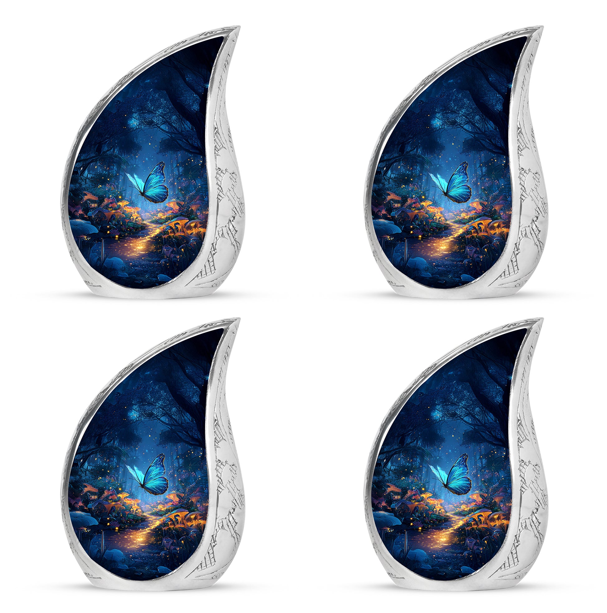 Calming Blue Butterfly Cremation Urn close-up of engraving and surface detail - graceful tear-shaped urn with butterfly motif - 10 inch aluminum urn for cremated remains