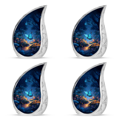 Calming Blue Butterfly Cremation Urn close-up of engraving and surface detail - graceful tear-shaped urn with butterfly motif - 10 inch aluminum urn for cremated remains