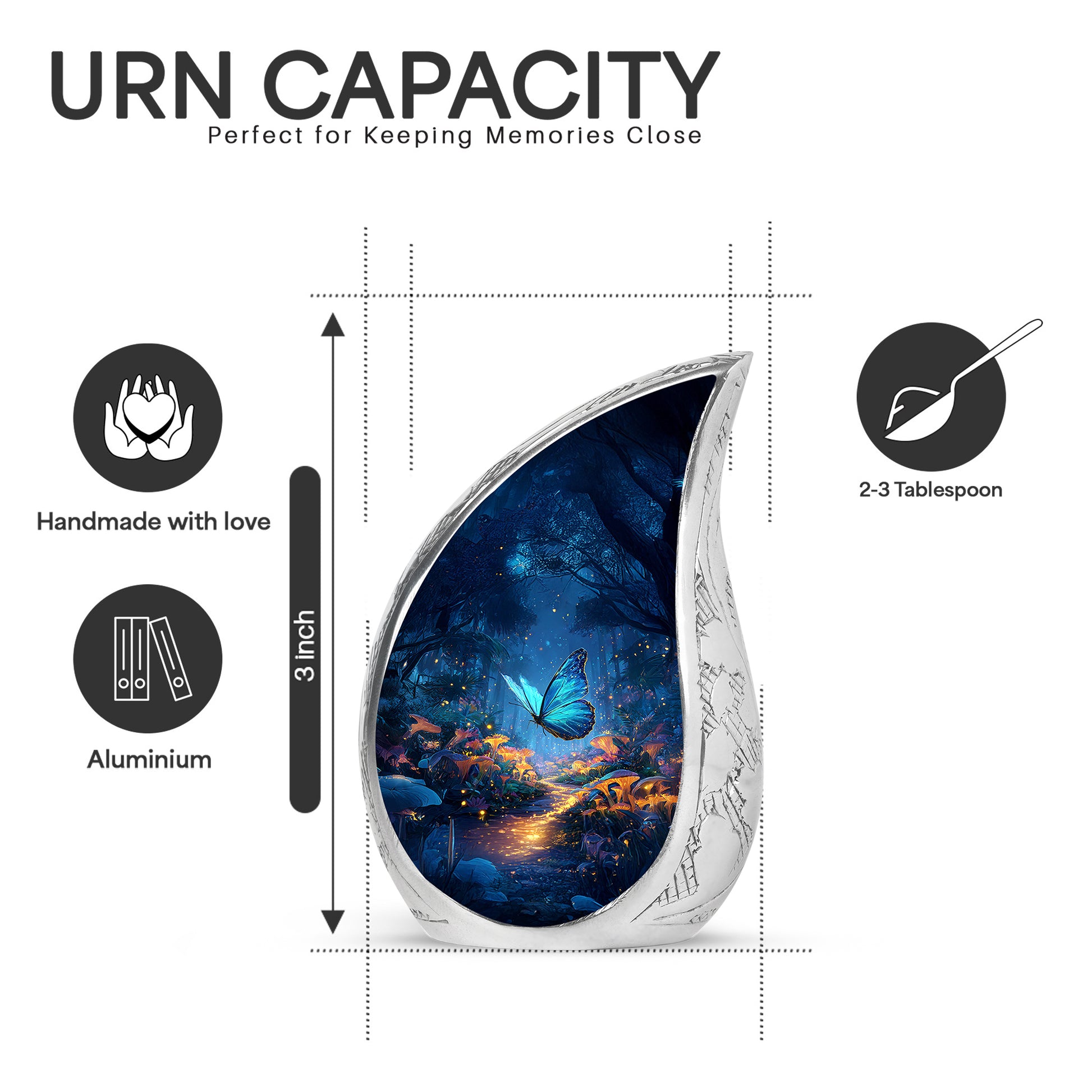 Serene Blue Butterfly Cremation Urn angled view of lid and engraved motif - smooth teardrop contour featuring butterfly art - mini keepsake memorial for portion of cremation ashes