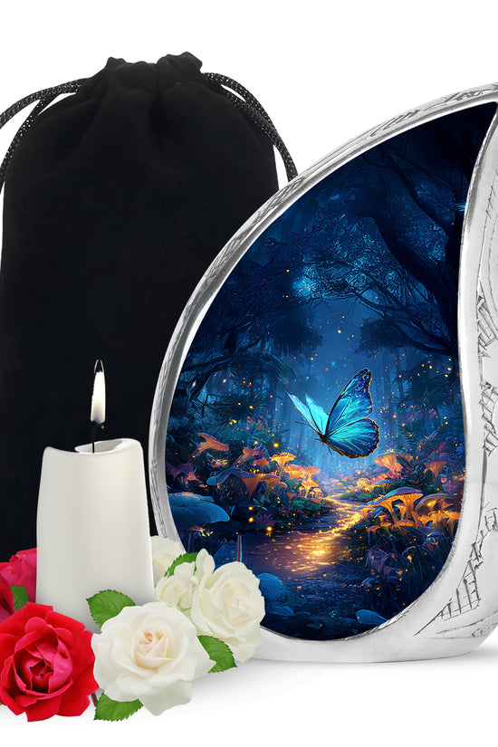 Powder Blue Butterfly Cremation Urn front view showing detailed design - rounded teardrop butterfly design with delicate detail - full-size 10 inch 200 cubic inch adult cremation urn