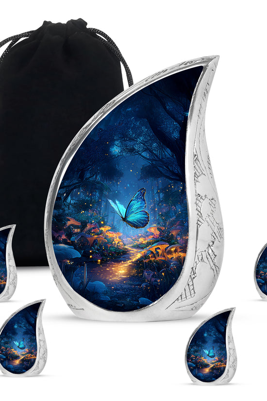 Steel Blue Butterfly Cremation Urn side profile showing urn shape - smooth teardrop contour featuring butterfly art - memorial set with one large and four small urns