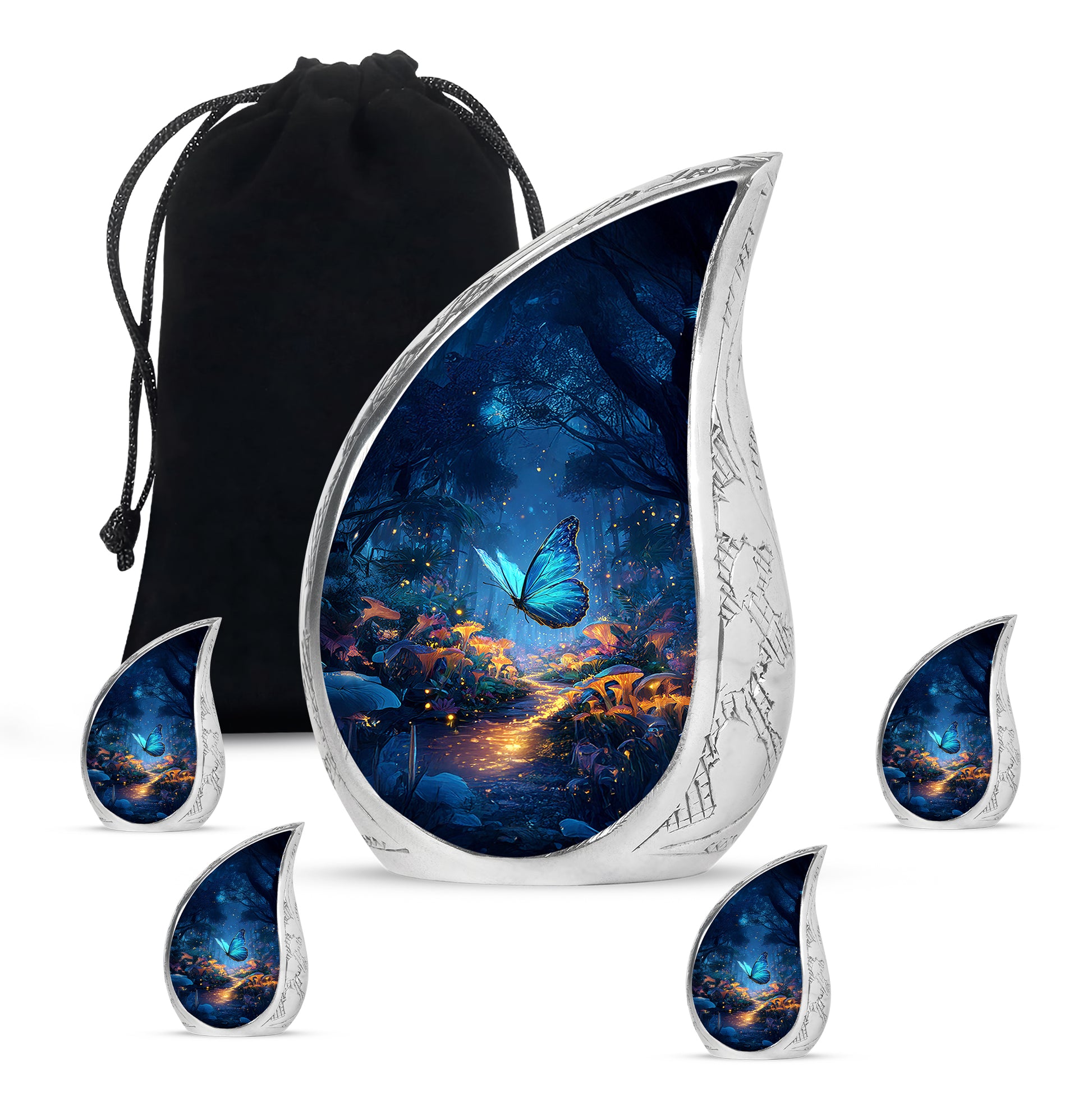 Steel Blue Butterfly Cremation Urn side profile showing urn shape - smooth teardrop contour featuring butterfly art - memorial set with one large and four small urns