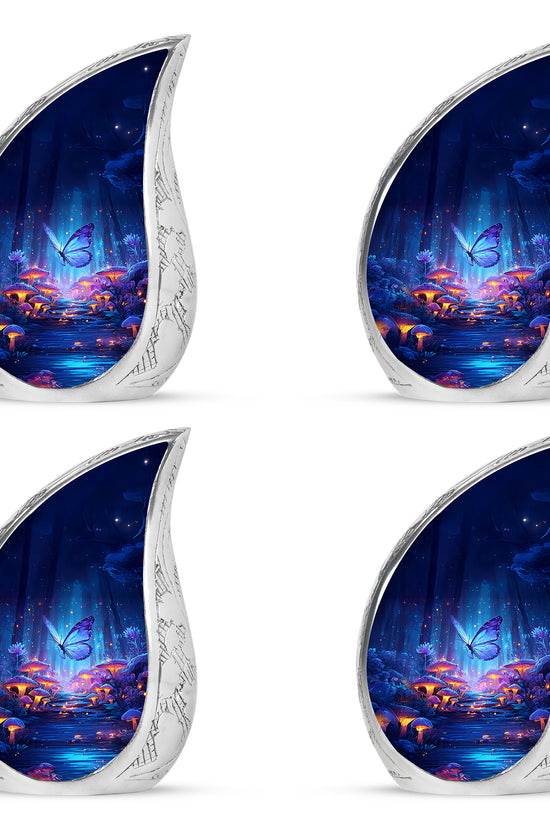 Soft Blue Butterfly Cremation Urn close-up of engraving and surface detail - graceful tear-shaped urn with butterfly motif - 10 inch aluminum urn for cremated remains
