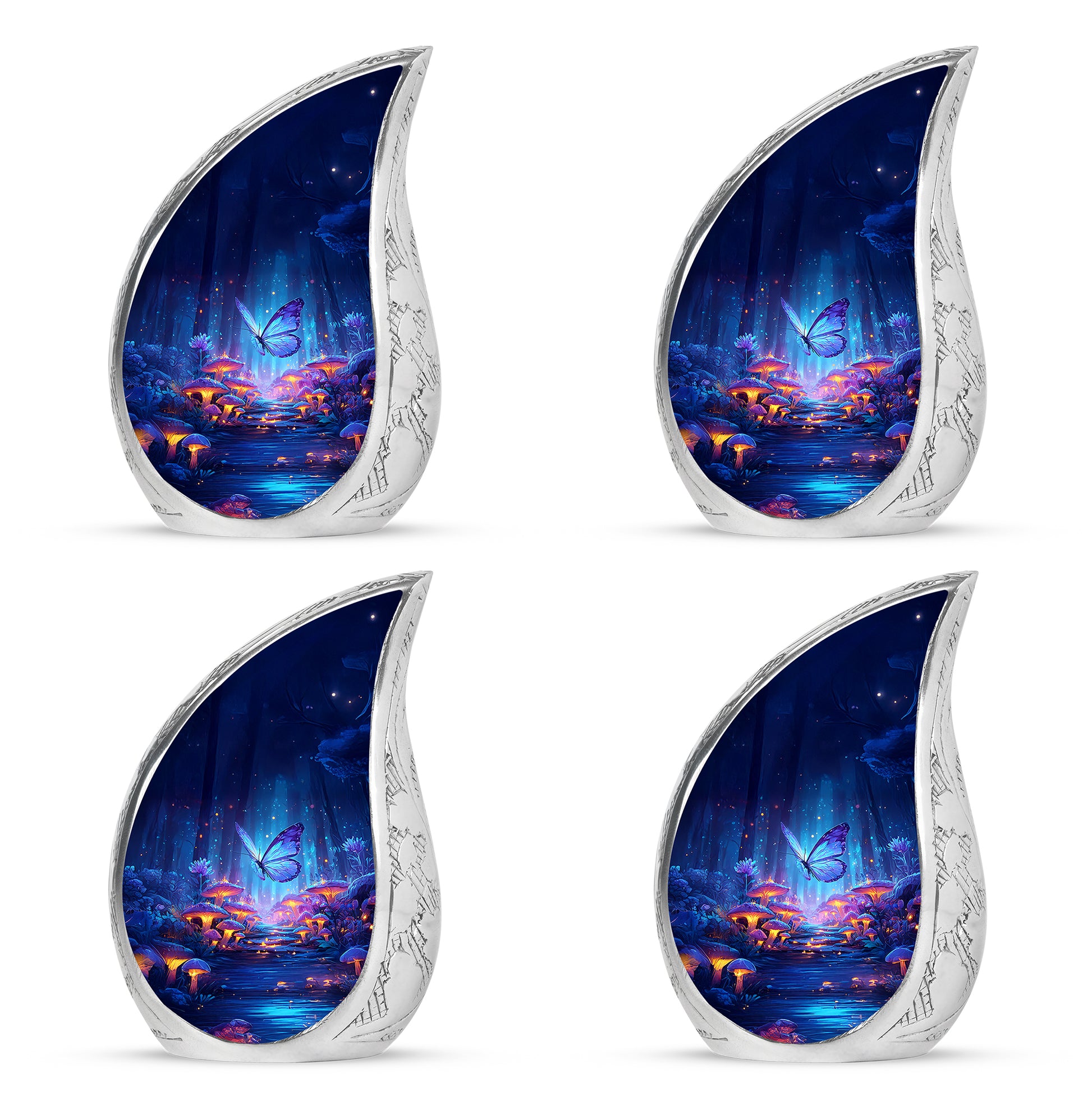 Soft Blue Butterfly Cremation Urn close-up of engraving and surface detail - graceful tear-shaped urn with butterfly motif - 10 inch aluminum urn for cremated remains