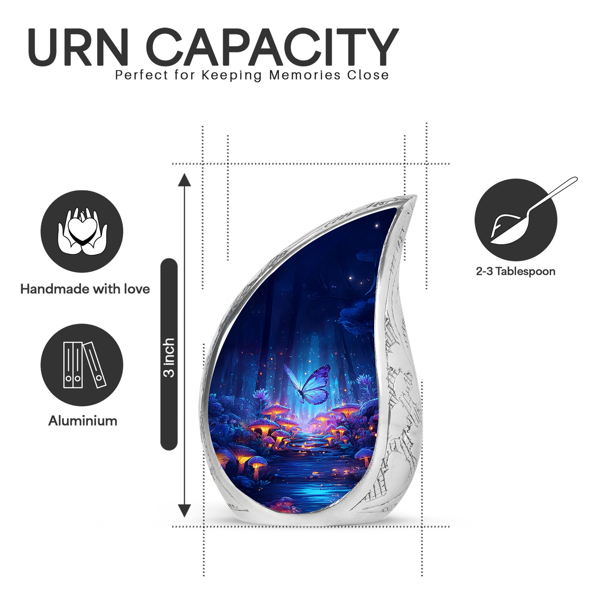 Dusty Blue Butterfly Cremation Urn angled view of lid and engraved motif - rounded teardrop butterfly design with delicate detail - mini keepsake memorial for portion of cremation ashes