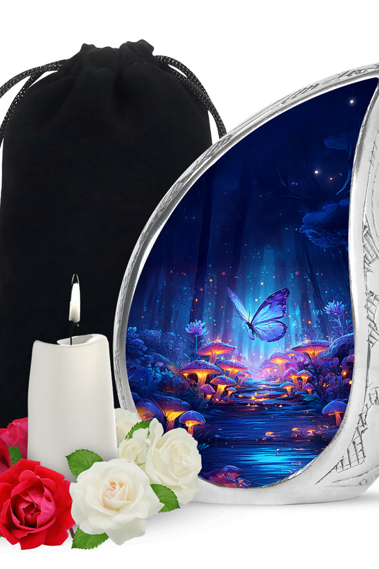 Misty Blue Butterfly Cremation Urn front view showing detailed design - flowing teardrop butterfly silhouette on curved aluminum - full-size 10 inch 200 cubic inch adult cremation urn