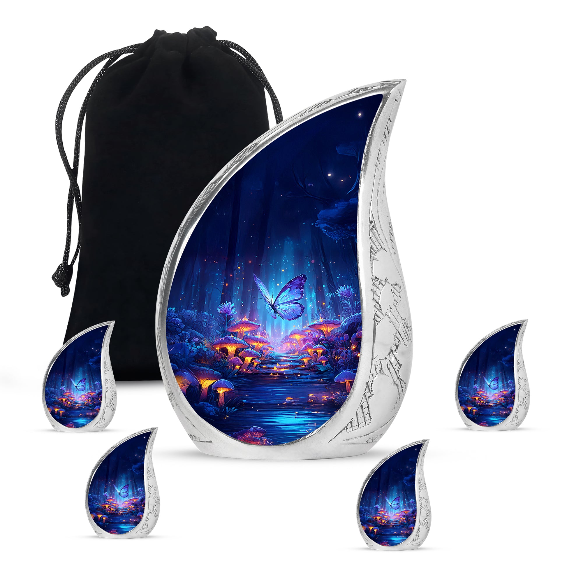 Icy Blue Butterfly Cremation Urn side profile showing urn shape - flowing teardrop butterfly silhouette on curved aluminum - memorial set with one large and four small urns