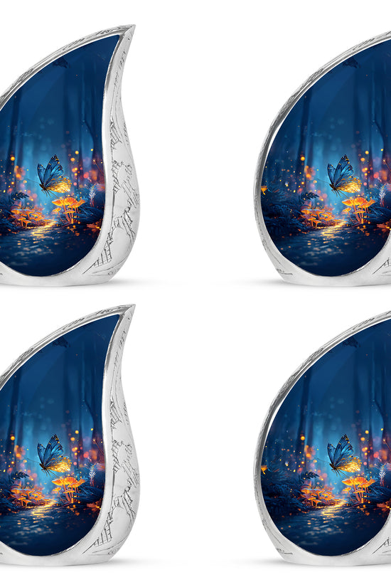 Steel Blue Butterfly Cremation Urn close-up of engraving and surface detail - smooth teardrop contour featuring butterfly art - 10 inch aluminum urn for cremated remains