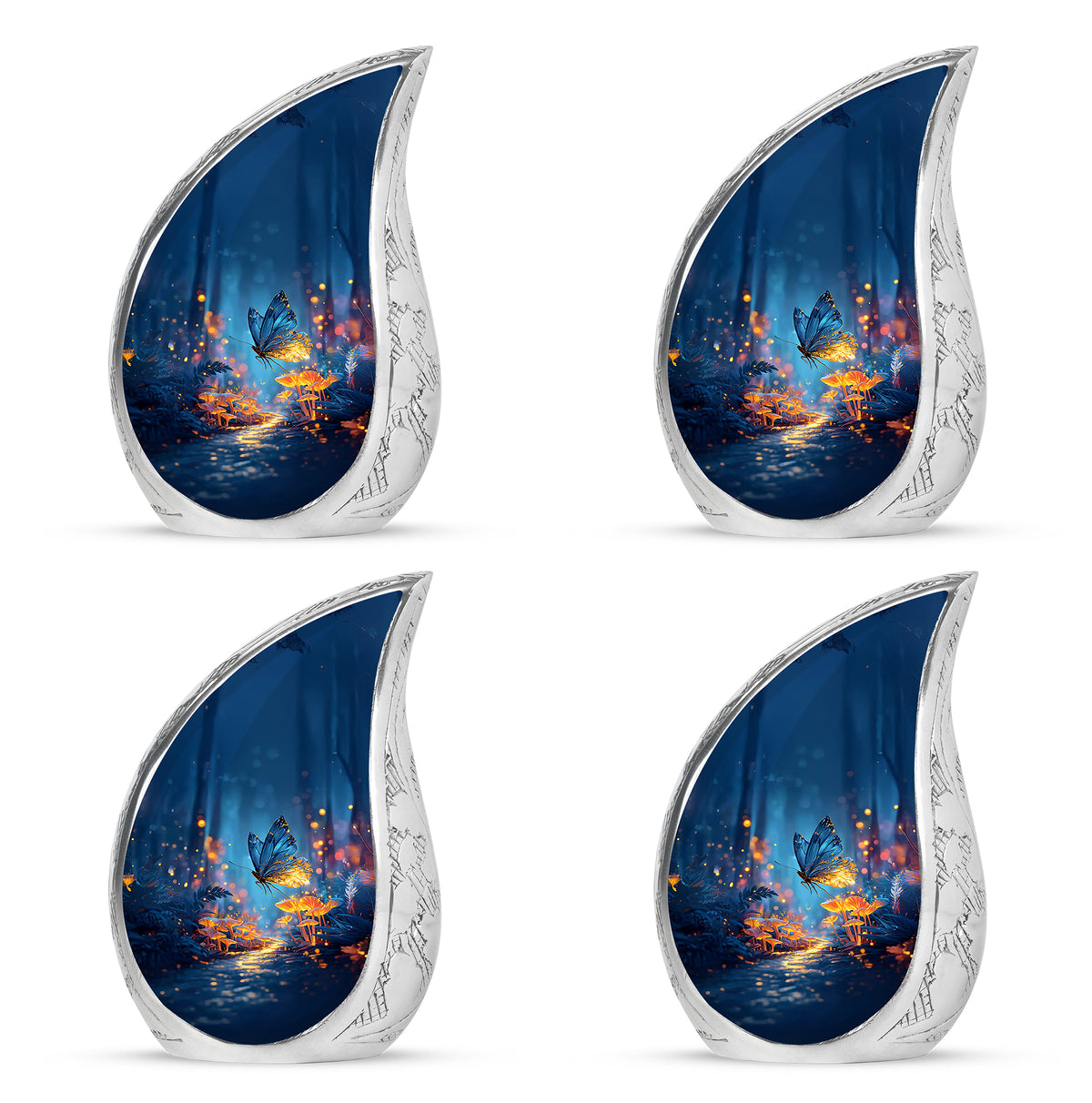 Steel Blue Butterfly Cremation Urn close-up of engraving and surface detail - smooth teardrop contour featuring butterfly art - 10 inch aluminum urn for cremated remains