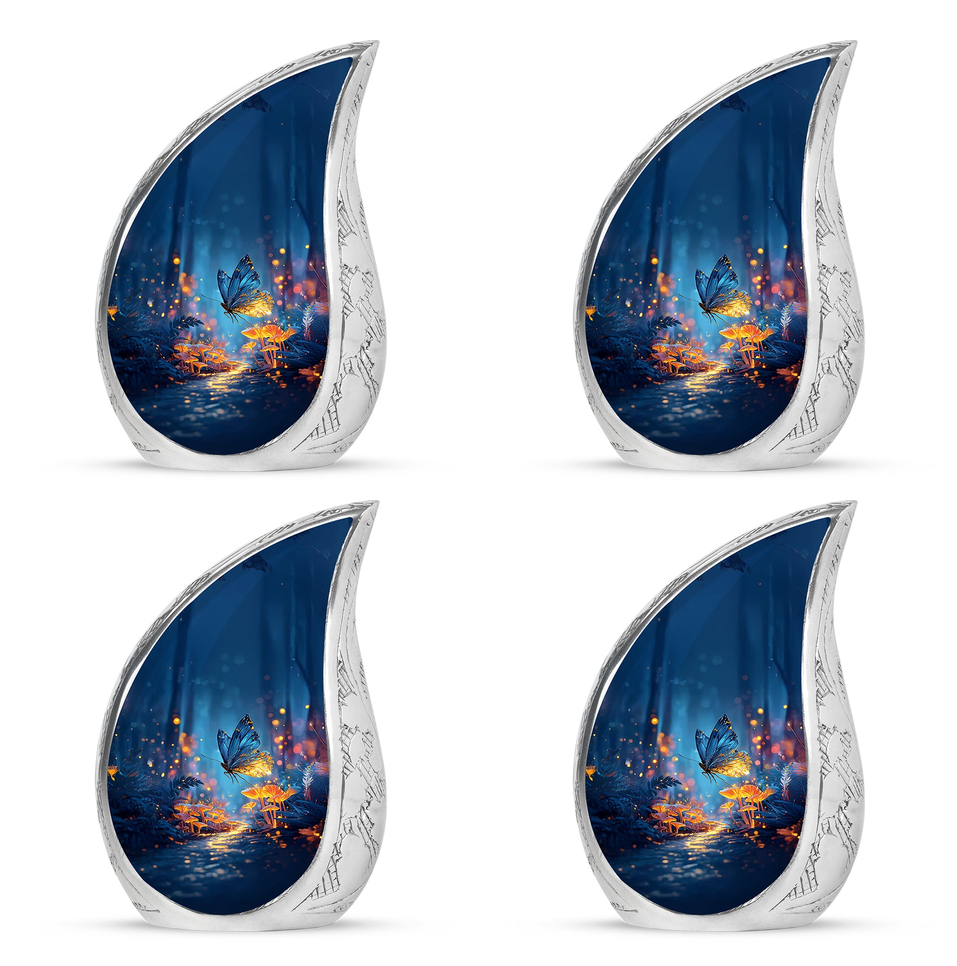 Steel Blue Butterfly Cremation Urn close-up of engraving and surface detail - smooth teardrop contour featuring butterfly art - 10 inch aluminum urn for cremated remains
