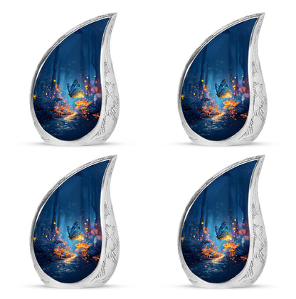 Steel Blue Butterfly Cremation Urn close-up of engraving and surface detail - smooth teardrop contour featuring butterfly art - 10 inch aluminum urn for cremated remains