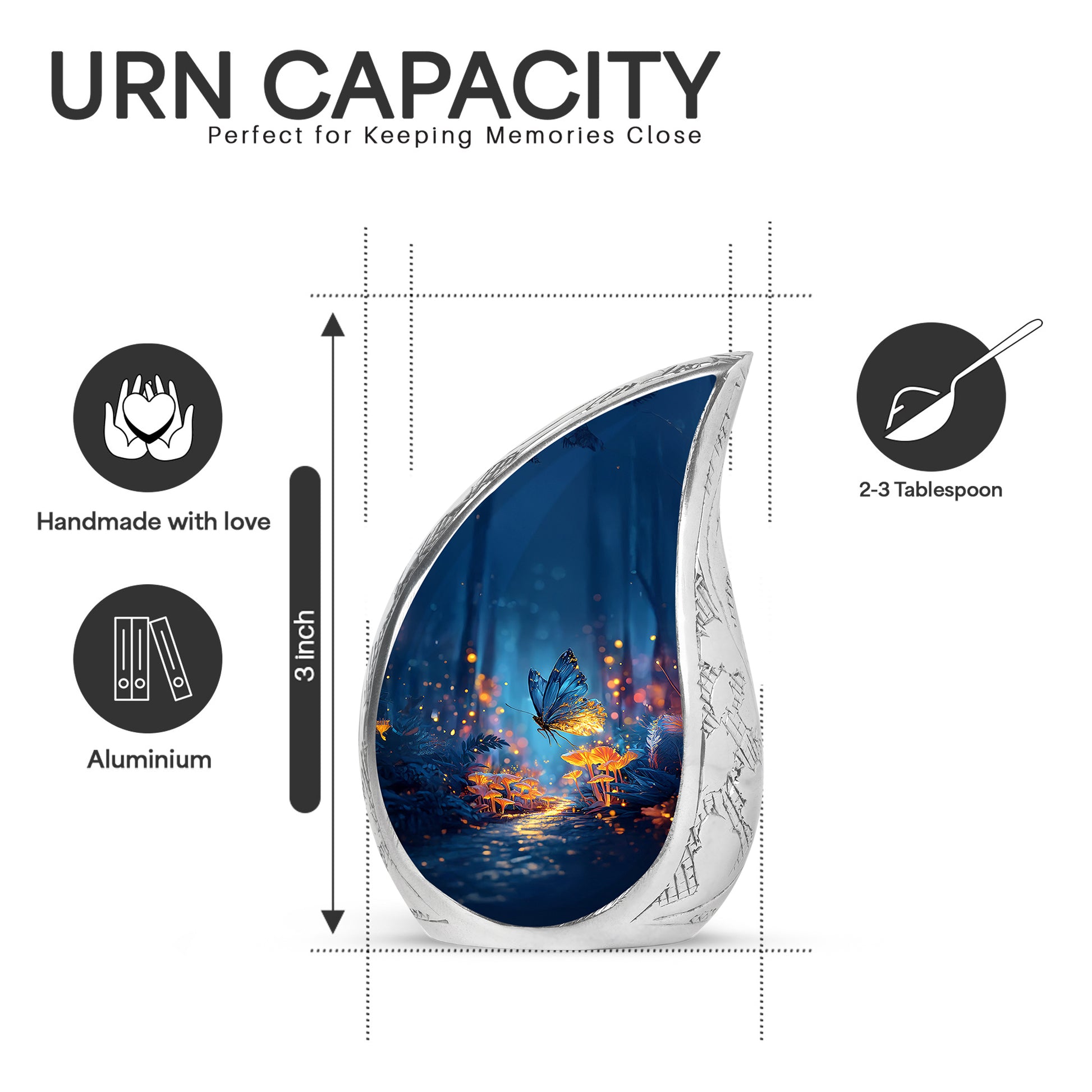 Calming Blue Butterfly Cremation Urn angled view of lid and engraved motif - graceful tear-shaped urn with butterfly motif - mini keepsake memorial for portion of cremation ashes