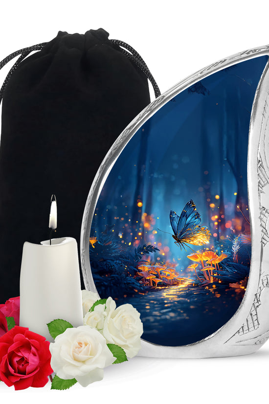 Vivid Blue Butterfly Cremation Urn front view showing detailed design - smooth teardrop contour featuring butterfly art - full-size 10 inch 200 cubic inch adult cremation urn