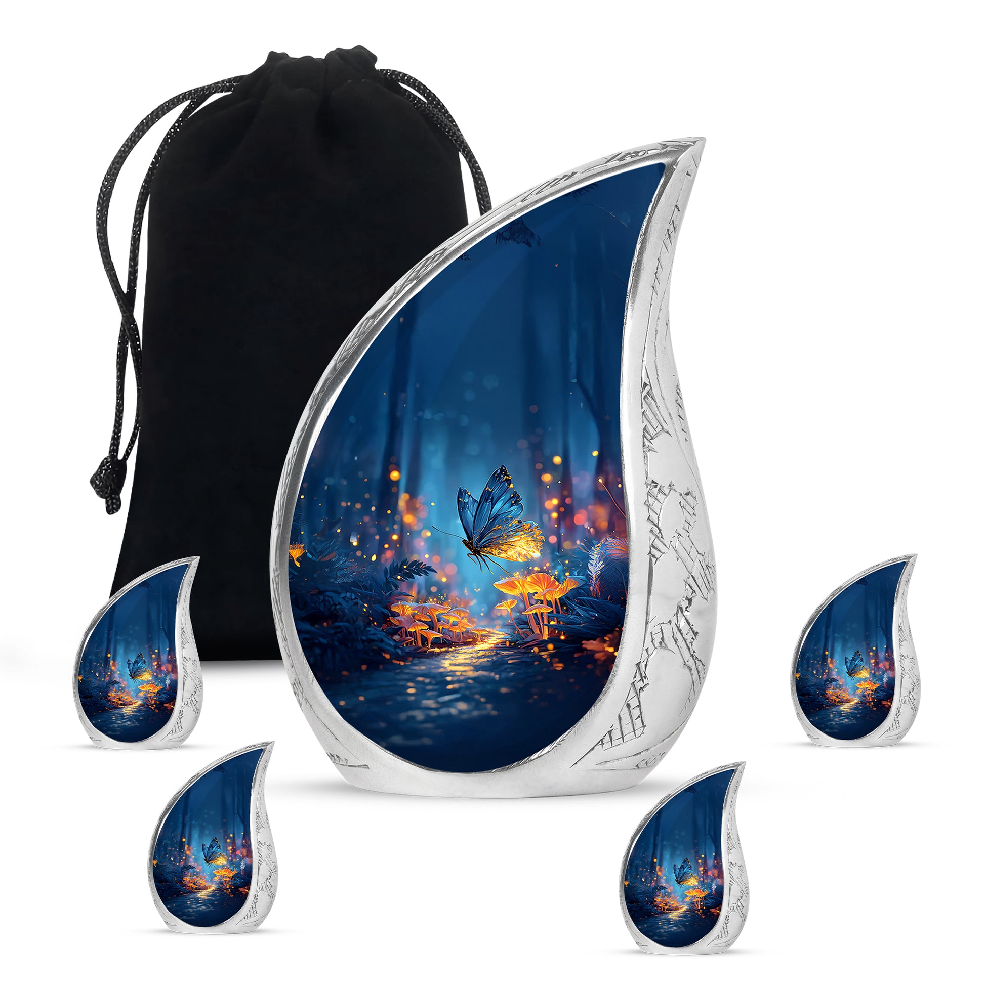 Powder Blue Butterfly Cremation Urn side profile showing urn shape - rounded teardrop butterfly design with delicate detail - memorial set with one large and four small urns