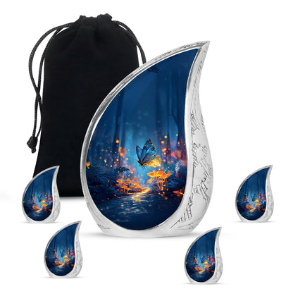 Powder Blue Butterfly Cremation Urn side profile showing urn shape - rounded teardrop butterfly design with delicate detail - memorial set with one large and four small urns
