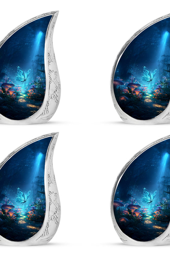 Sky Blue Butterfly Cremation Urn close-up of engraving and surface detail - rounded teardrop butterfly design with delicate detail - 10 inch aluminum urn for cremated remains
