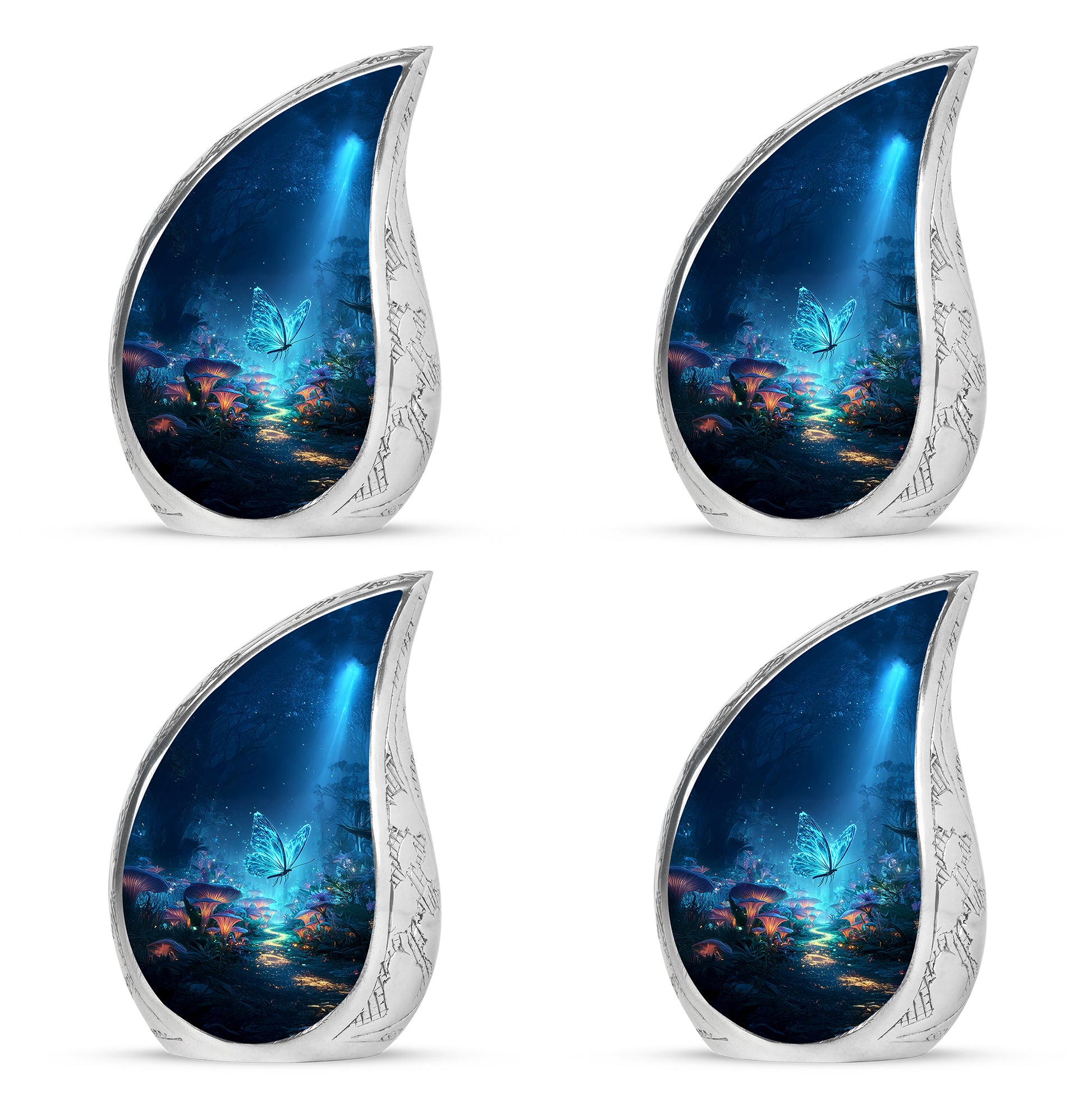 Sky Blue Butterfly Cremation Urn close-up of engraving and surface detail - rounded teardrop butterfly design with delicate detail - 10 inch aluminum urn for cremated remains