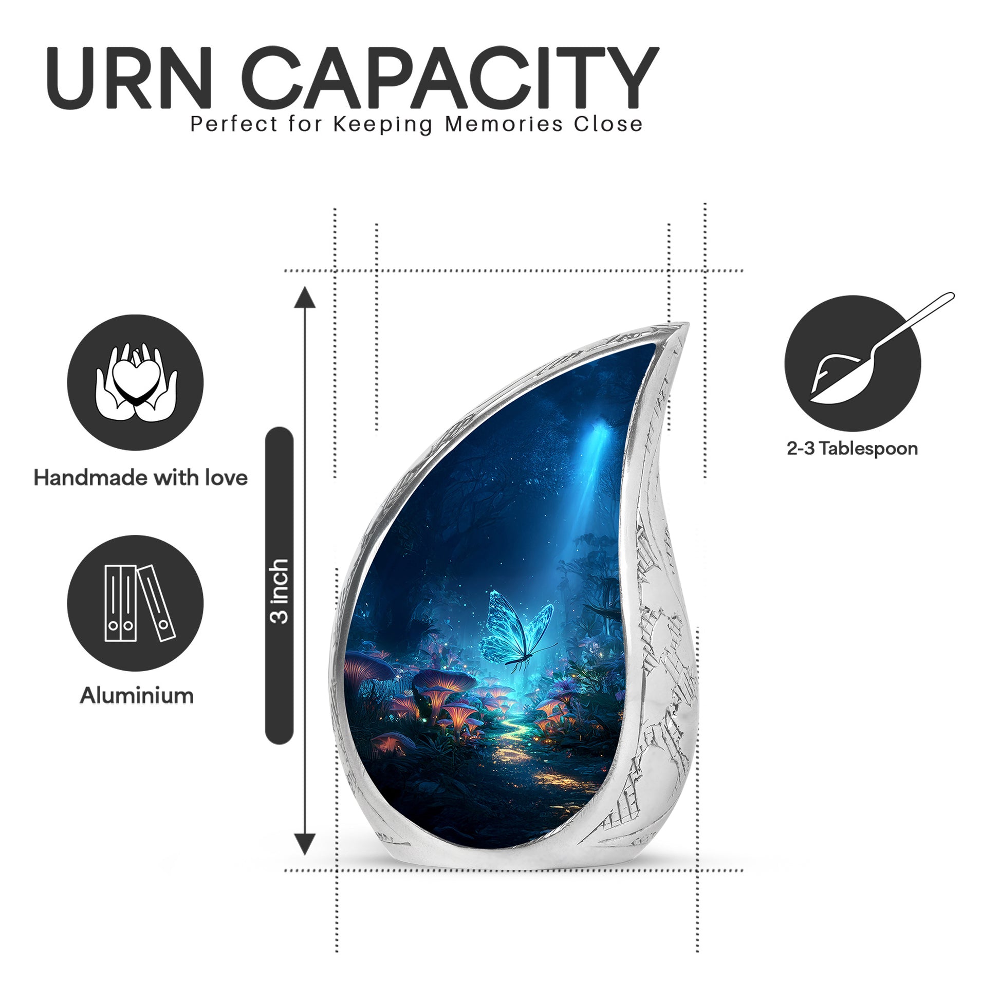 Indigo Butterfly Cremation Urn angled view of lid and engraved motif - flowing teardrop butterfly silhouette on curved aluminum - mini keepsake memorial for portion of cremation ashes
