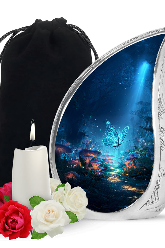 Indigo Butterfly Cremation Urn front view showing detailed design - rounded teardrop butterfly design with delicate detail - full-size 10 inch 200 cubic inch adult cremation urn
