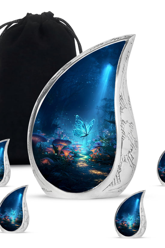 Serene Blue Butterfly Cremation Urn side profile showing urn shape - graceful tear-shaped urn with butterfly motif - memorial set with one large and four small urns