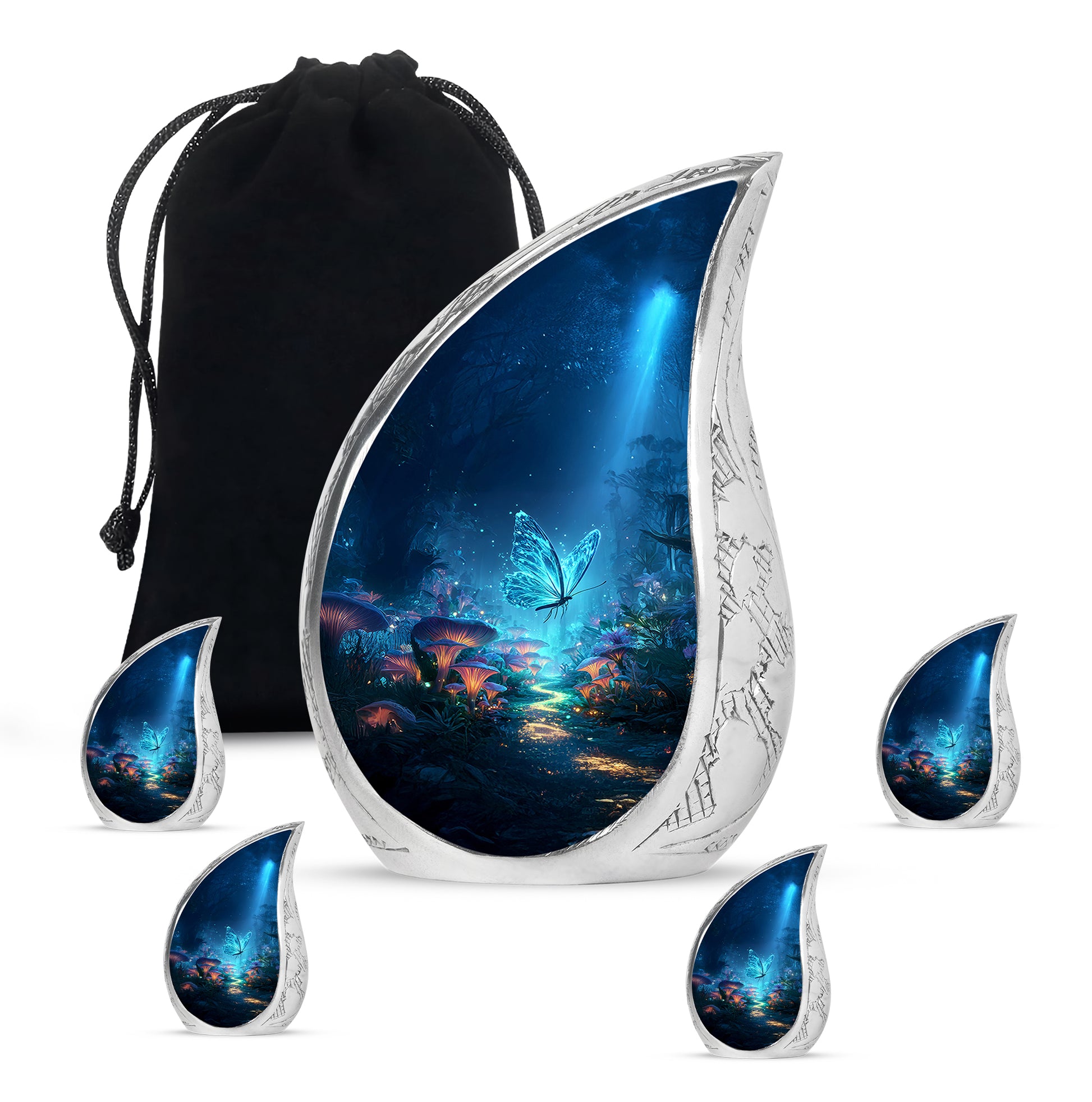 Serene Blue Butterfly Cremation Urn side profile showing urn shape - graceful tear-shaped urn with butterfly motif - memorial set with one large and four small urns