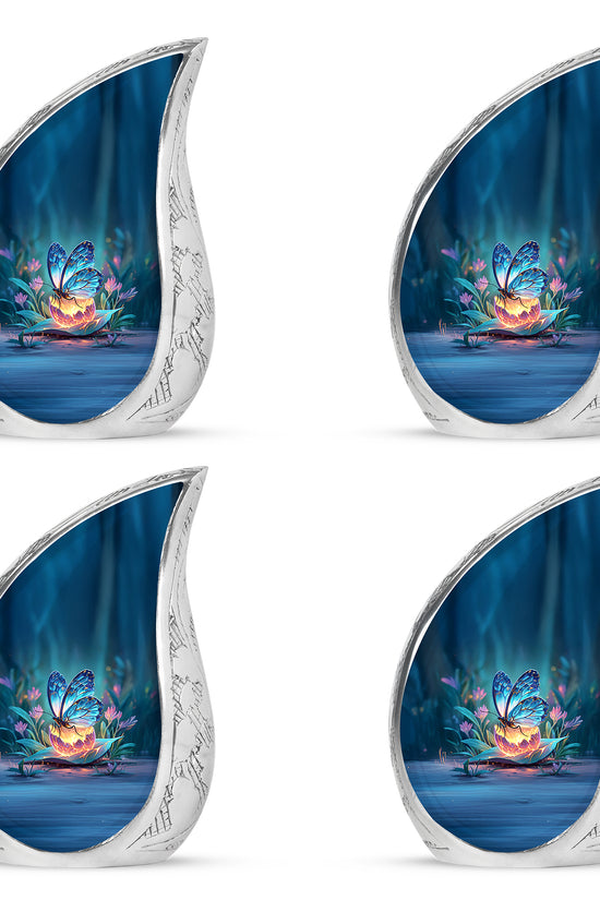 Steel Blue Butterfly Cremation Urn close-up of engraving and surface detail - smooth teardrop contour featuring butterfly art - 10 inch aluminum urn for cremated remains
