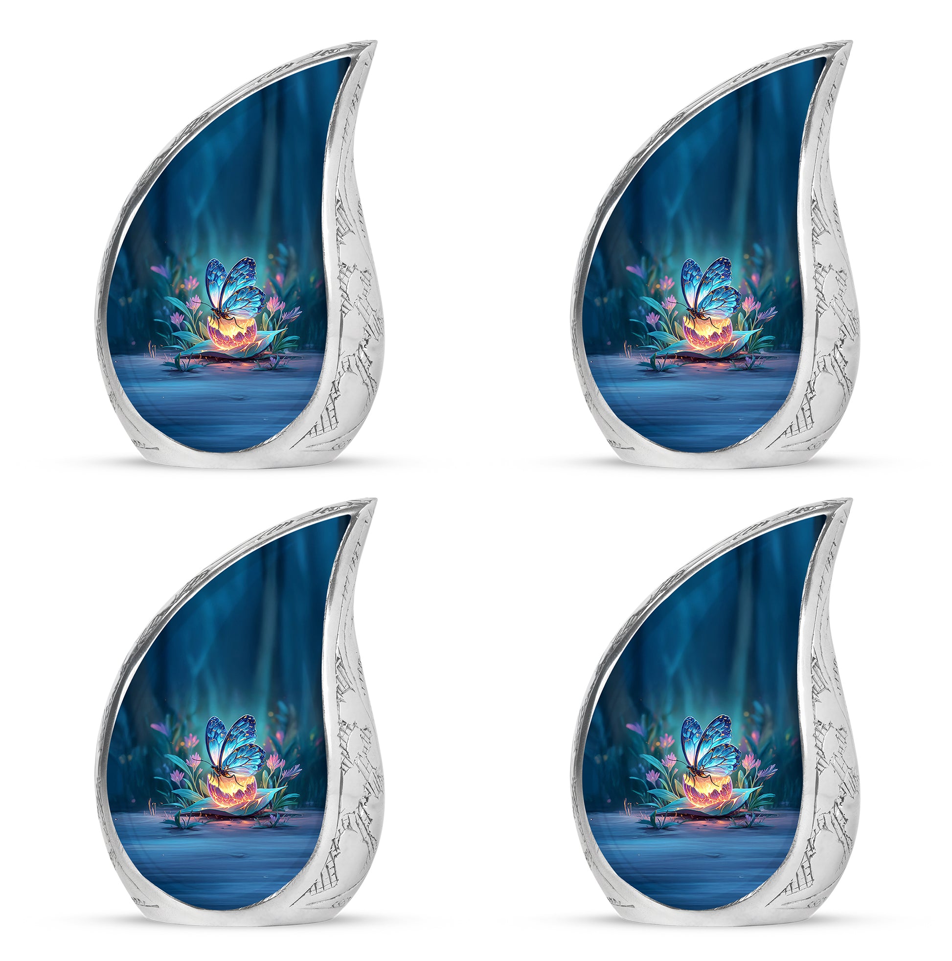 Steel Blue Butterfly Cremation Urn close-up of engraving and surface detail - smooth teardrop contour featuring butterfly art - 10 inch aluminum urn for cremated remains