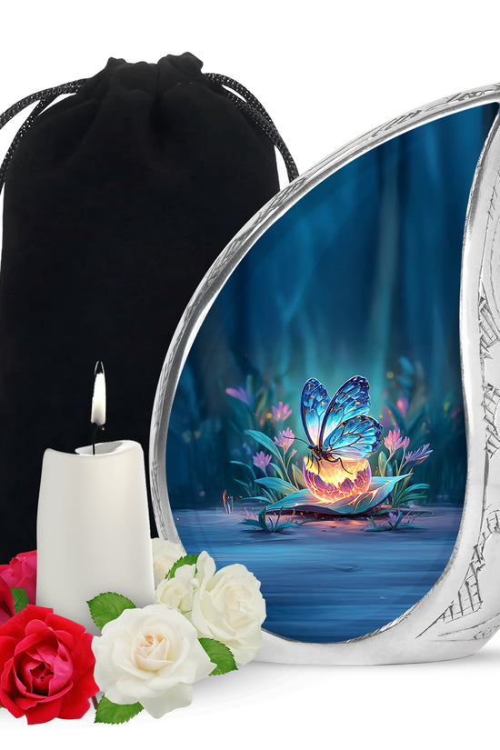 Calming Blue Butterfly Cremation Urn front view showing detailed design - graceful tear-shaped urn with butterfly motif - full-size 10 inch 200 cubic inch adult cremation urn