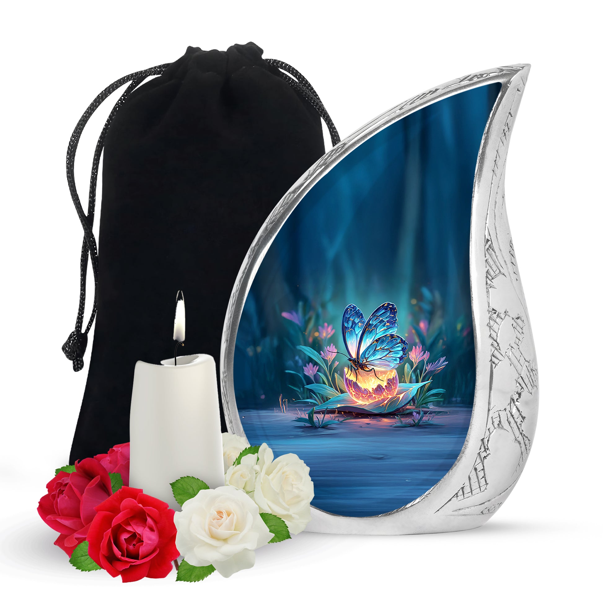 Calming Blue Butterfly Cremation Urn front view showing detailed design - graceful tear-shaped urn with butterfly motif - full-size 10 inch 200 cubic inch adult cremation urn