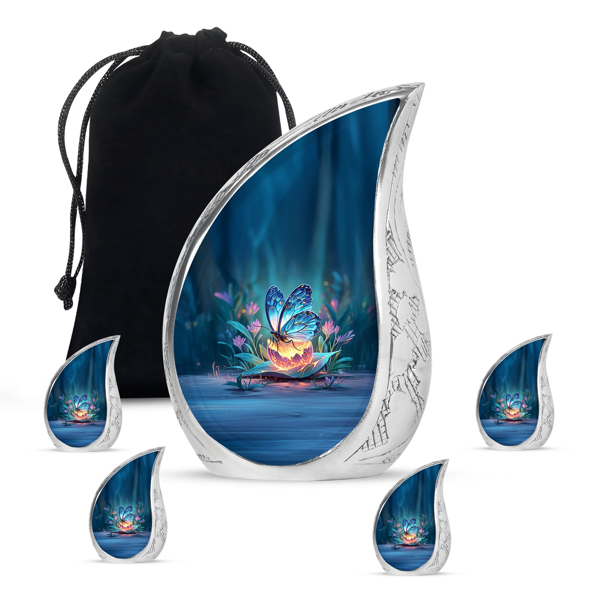 Indigo Butterfly Cremation Urn side profile showing urn shape - rounded teardrop butterfly design with delicate detail - memorial set with one large and four small urns