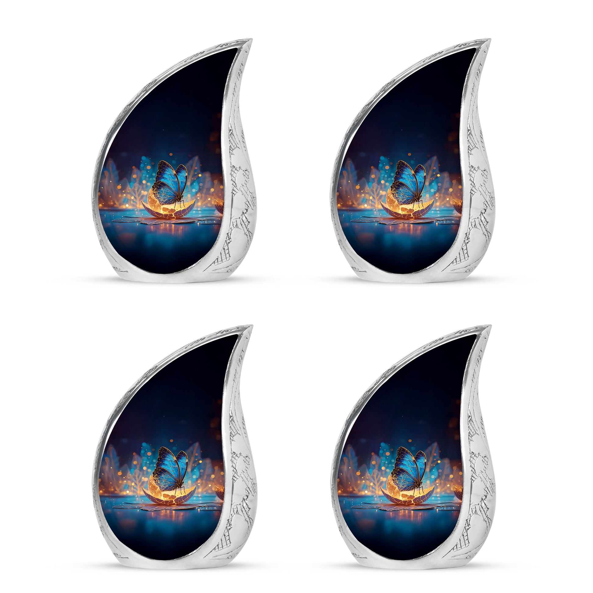 Icy Blue Butterfly Cremation Urn close-up of engraving and surface detail - rounded teardrop butterfly design with delicate detail - 10 inch aluminum urn for cremated remains