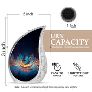 Serene Blue Butterfly Cremation Urn angled view of lid and engraved motif - smooth teardrop contour featuring butterfly art - mini keepsake memorial for portion of cremation ashes
