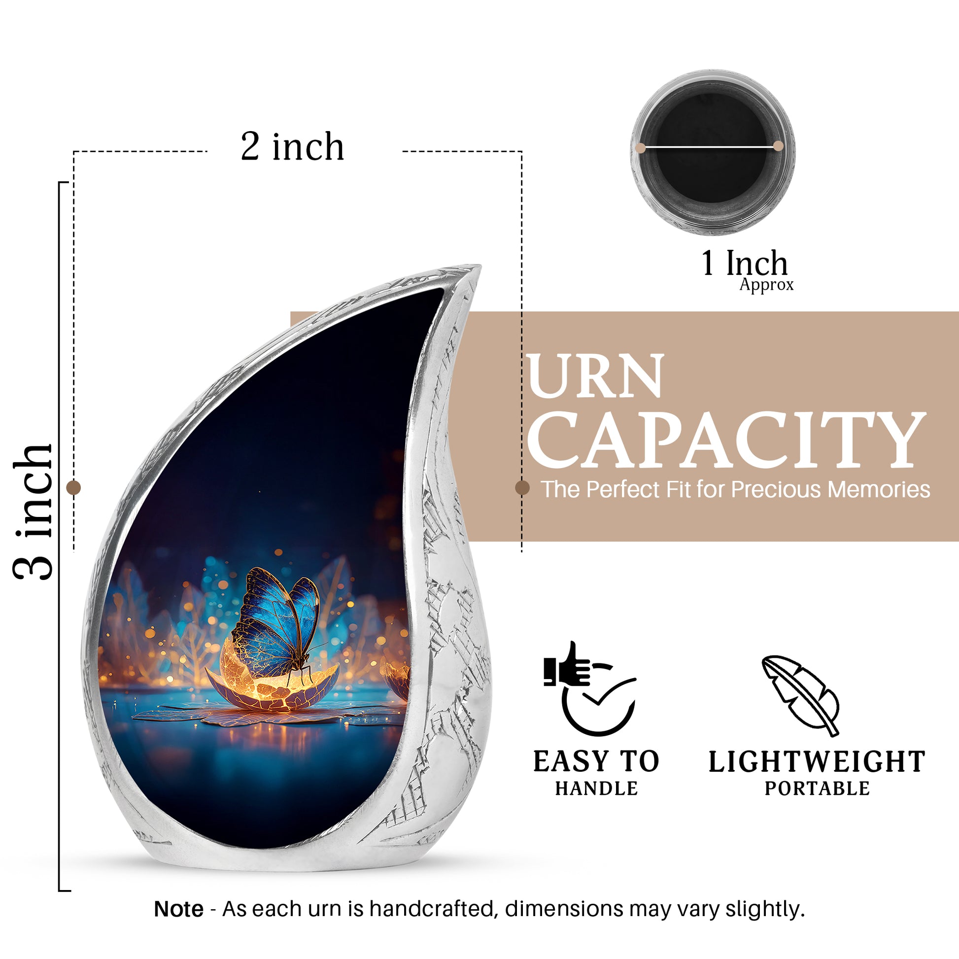 Serene Blue Butterfly Cremation Urn angled view of lid and engraved motif - smooth teardrop contour featuring butterfly art - mini keepsake memorial for portion of cremation ashes