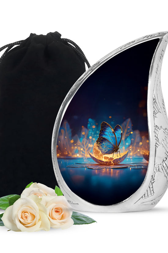 Cornflower Blue Butterfly Cremation Urn front view showing detailed design - smooth teardrop contour featuring butterfly art - full-size 10 inch 200 cubic inch adult cremation urn