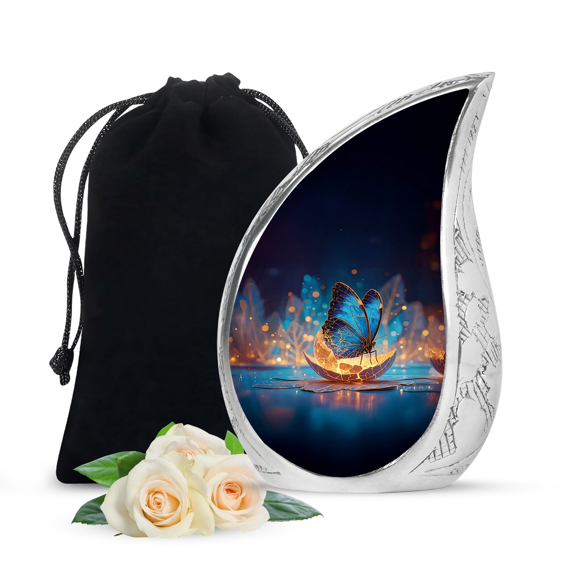 Cornflower Blue Butterfly Cremation Urn front view showing detailed design - smooth teardrop contour featuring butterfly art - full-size 10 inch 200 cubic inch adult cremation urn