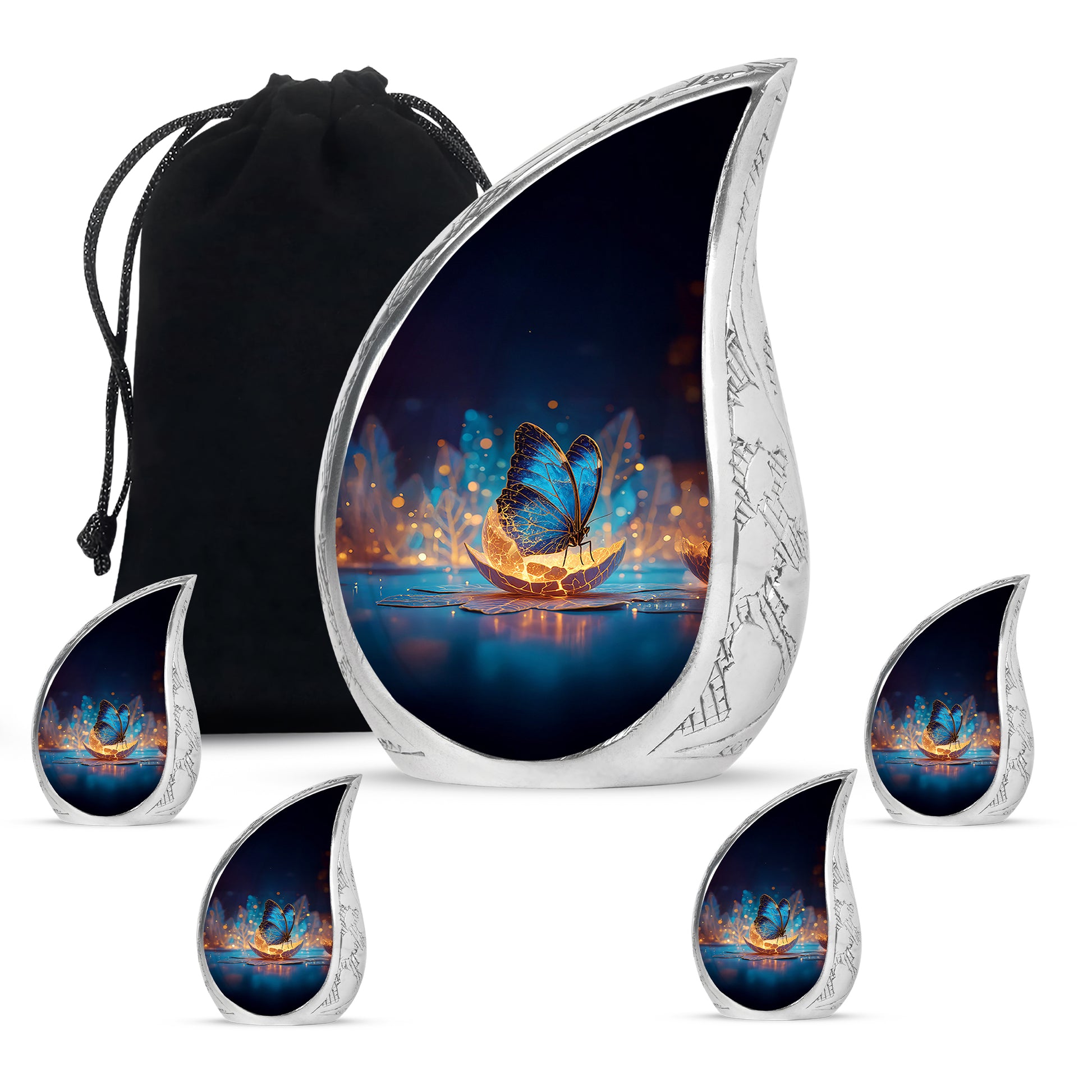 Sky Blue Butterfly Cremation Urn side profile showing urn shape - flowing teardrop butterfly silhouette on curved aluminum - memorial set with one large and four small urns