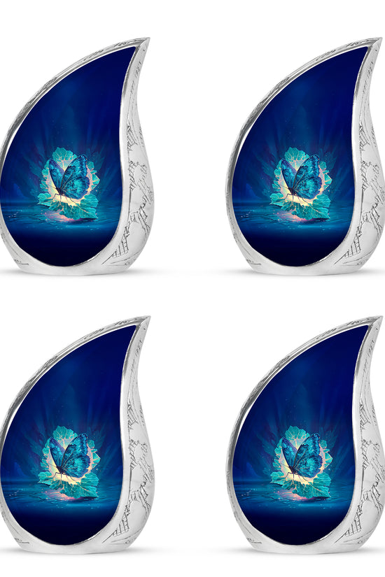Royal Blue Butterfly Cremation Urn close-up of engraving and surface detail - graceful tear-shaped urn with butterfly motif - 10 inch aluminum urn for cremated remains