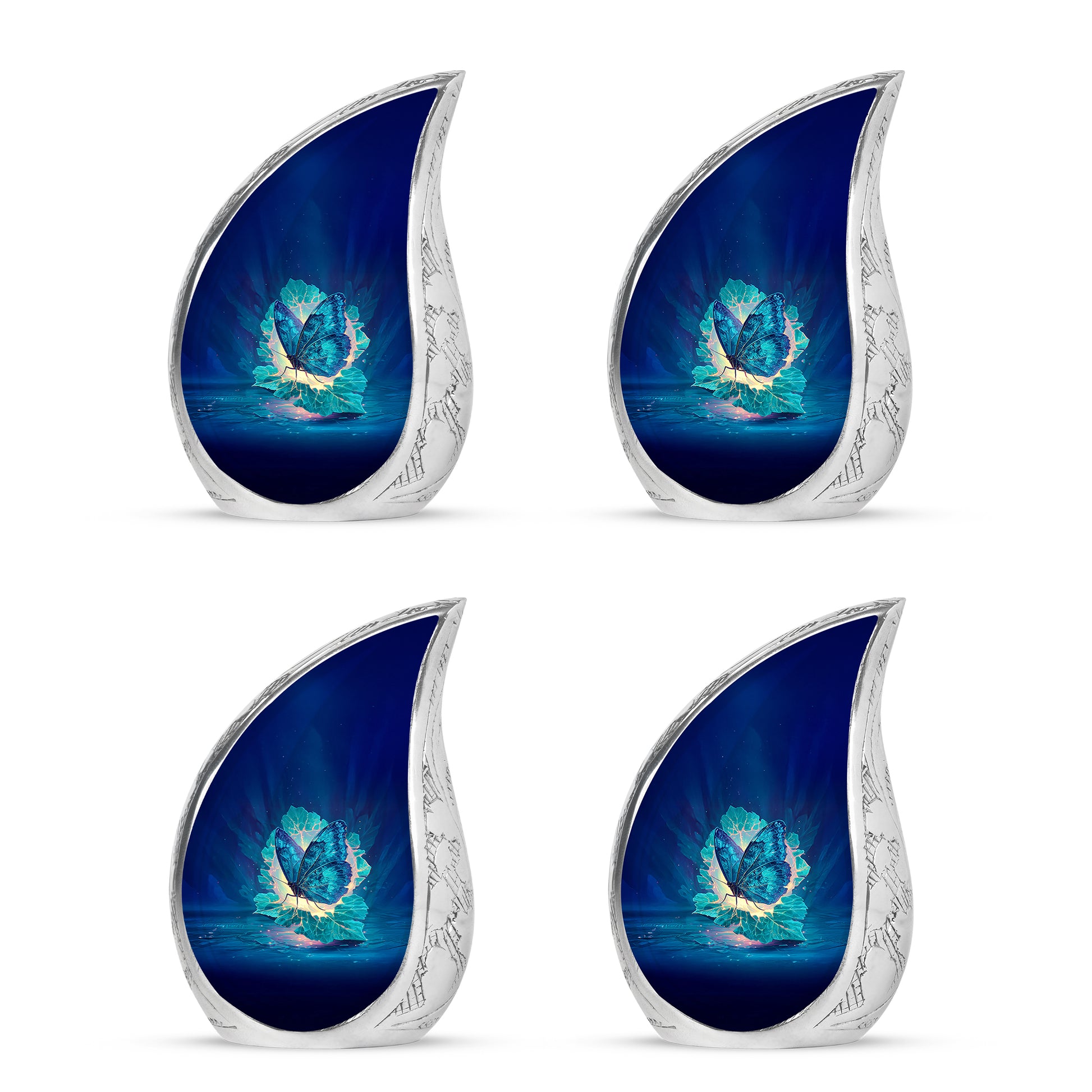 Royal Blue Butterfly Cremation Urn close-up of engraving and surface detail - graceful tear-shaped urn with butterfly motif - 10 inch aluminum urn for cremated remains