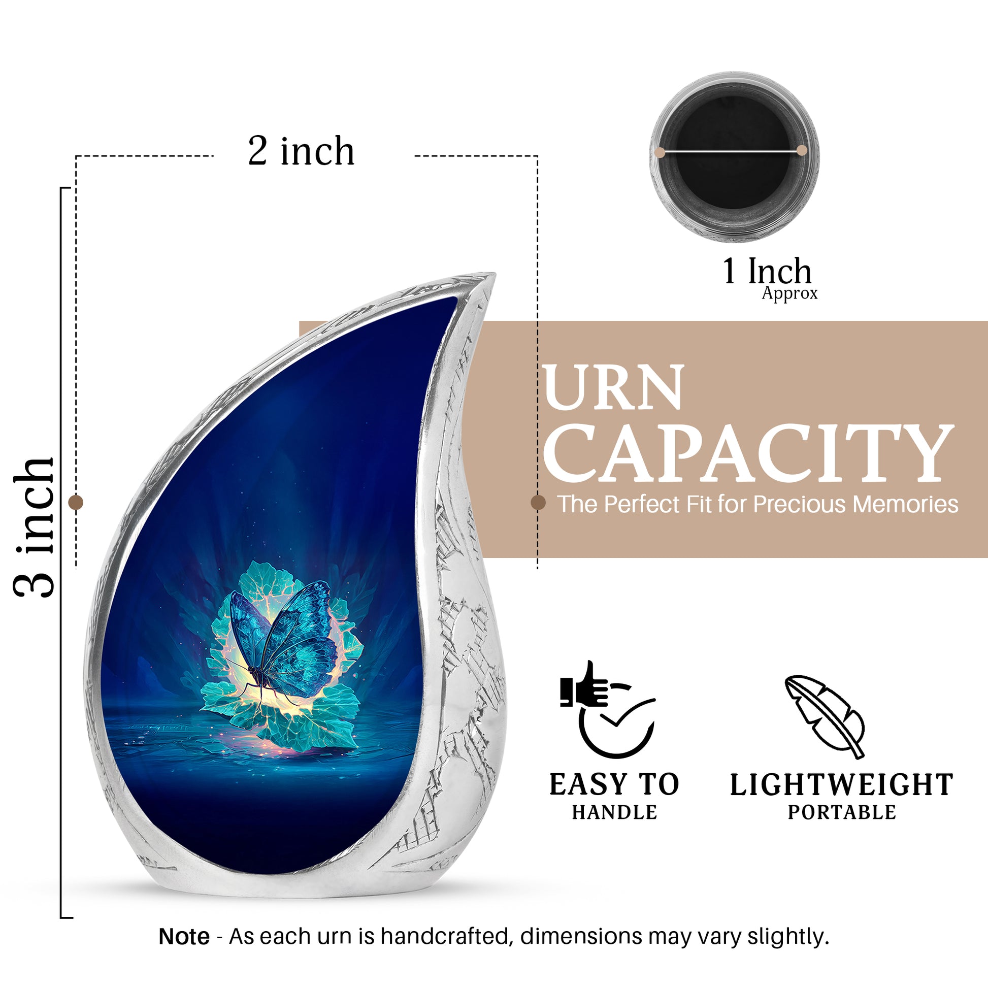 Dusty Blue Butterfly Cremation Urn angled view of lid and engraved motif - rounded teardrop butterfly design with delicate detail - mini keepsake memorial for portion of cremation ashes