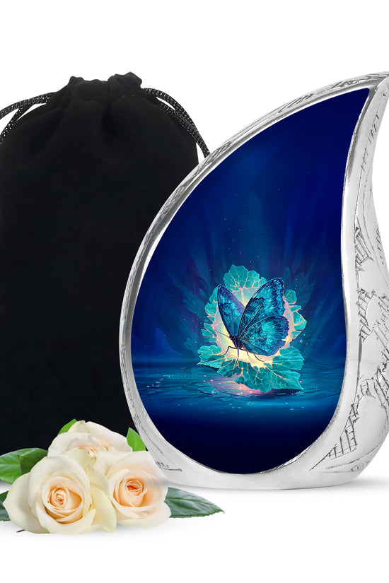 Soft Blue Butterfly Cremation Urn front view showing detailed design - graceful tear-shaped urn with butterfly motif - full-size 10 inch 200 cubic inch adult cremation urn