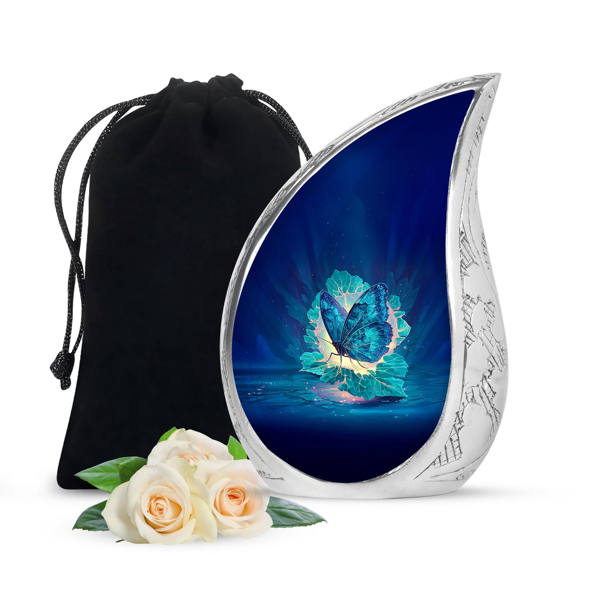Soft Blue Butterfly Cremation Urn front view showing detailed design - graceful tear-shaped urn with butterfly motif - full-size 10 inch 200 cubic inch adult cremation urn