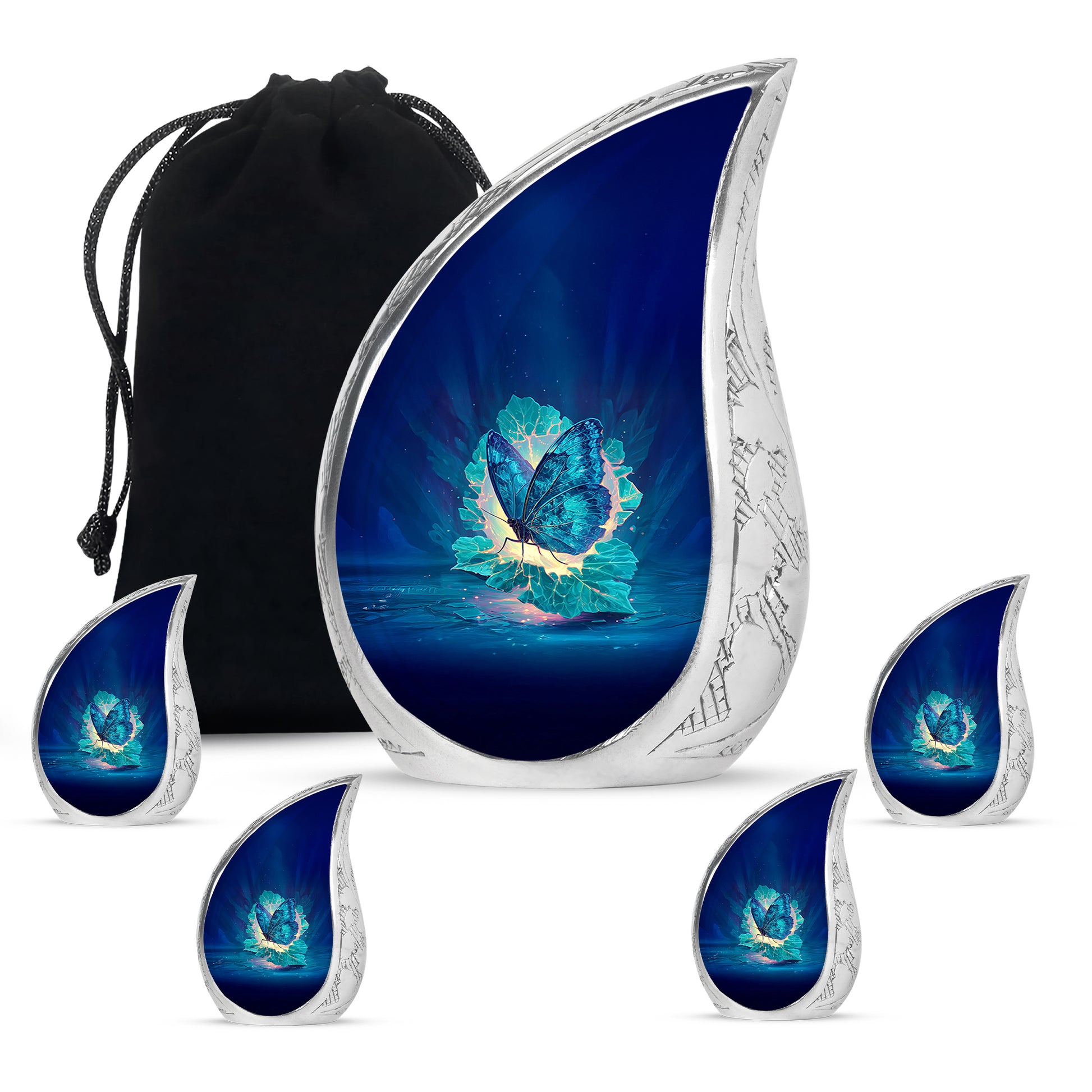 Azure Butterfly Cremation Urn side profile showing urn shape - flowing teardrop butterfly silhouette on curved aluminum - memorial set with one large and four small urns