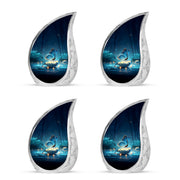 Navy Blue Butterfly Cremation Urn close-up of engraving and surface detail - flowing teardrop butterfly silhouette on curved aluminum - 10 inch aluminum urn for cremated remains