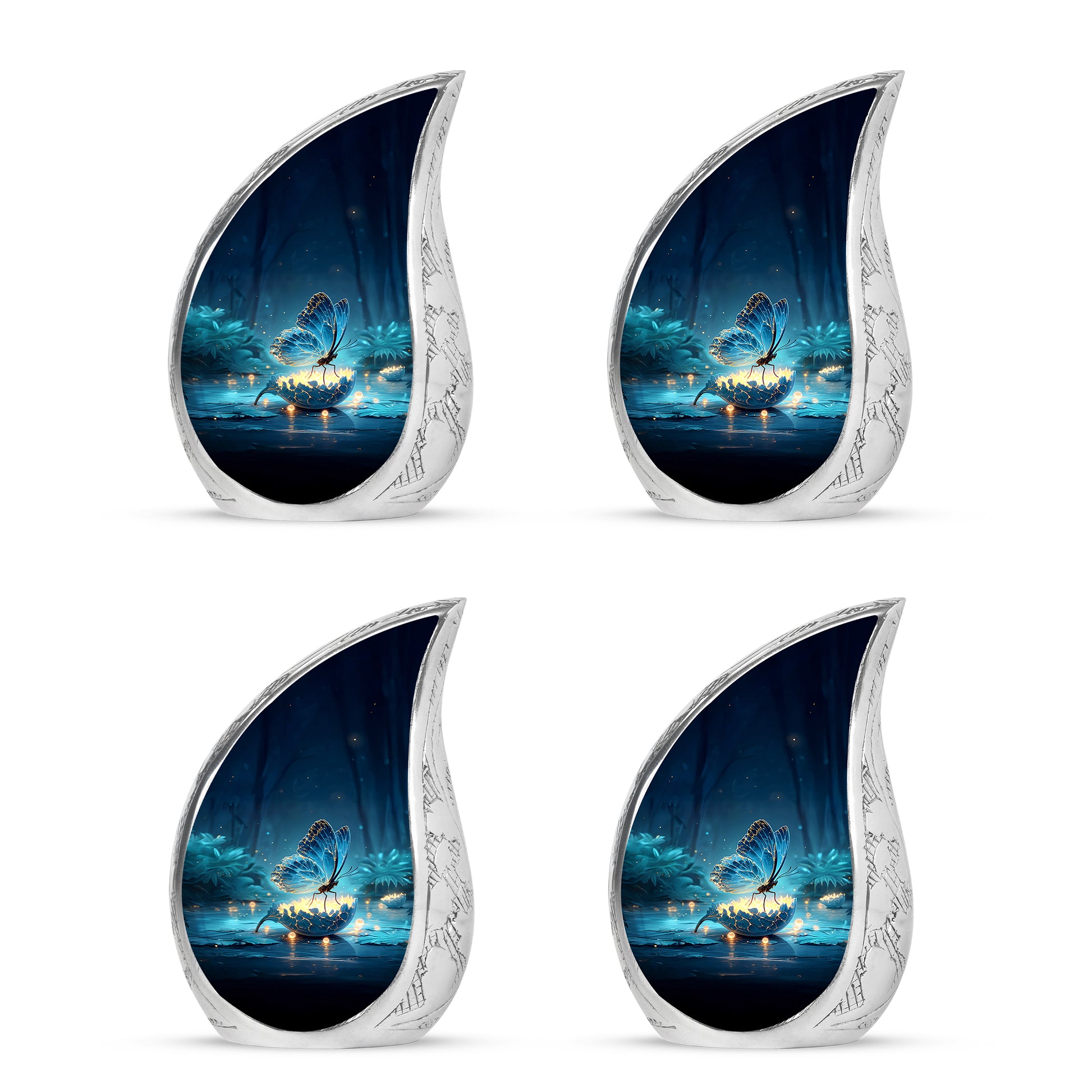Navy Blue Butterfly Cremation Urn close-up of engraving and surface detail - flowing teardrop butterfly silhouette on curved aluminum - 10 inch aluminum urn for cremated remains