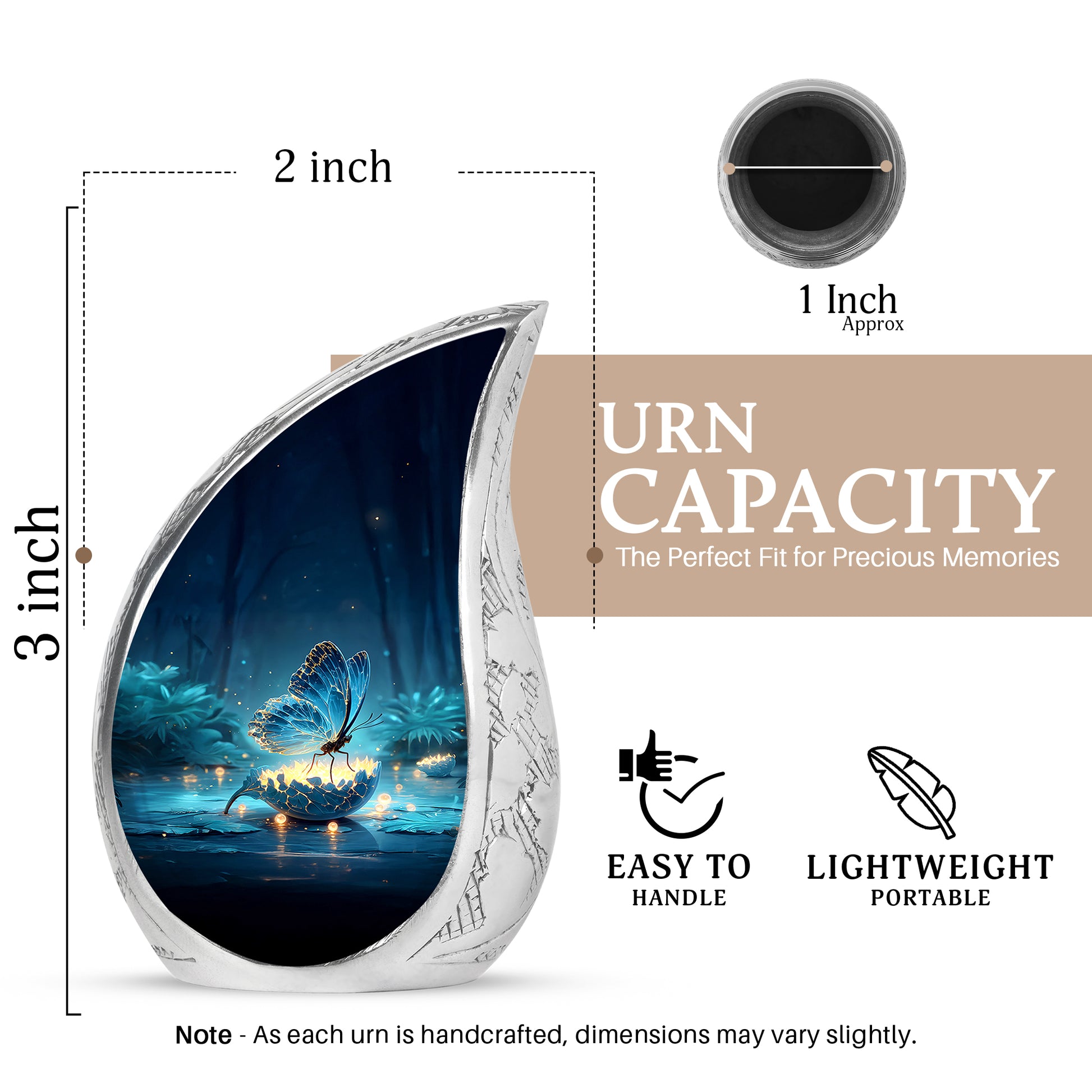 Cornflower Blue Butterfly Cremation Urn angled view of lid and engraved motif - smooth teardrop contour featuring butterfly art - mini keepsake memorial for portion of cremation ashes