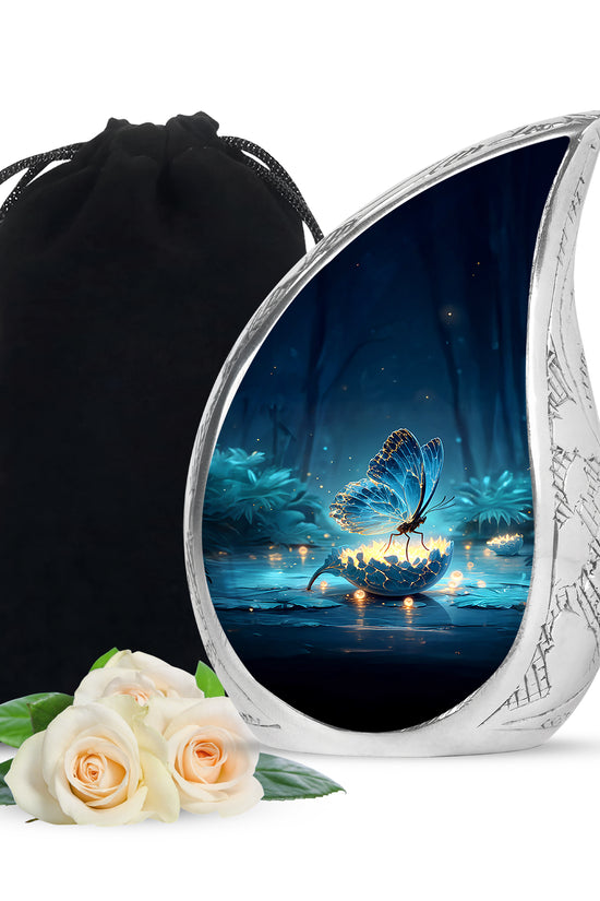 Sapphire Blue Butterfly Cremation Urn front view showing detailed design - graceful tear-shaped urn with butterfly motif - full-size 10 inch 200 cubic inch adult cremation urn