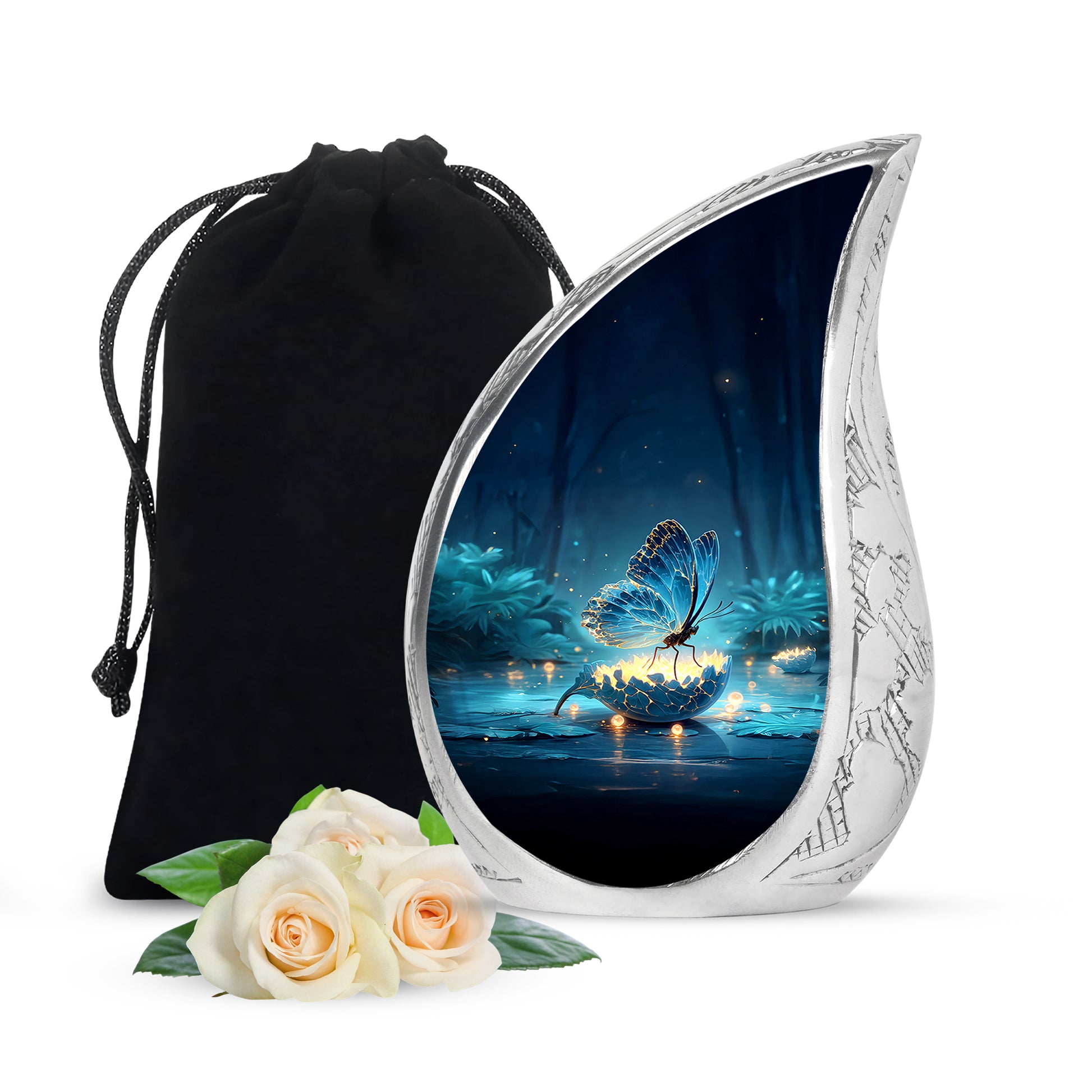 Sapphire Blue Butterfly Cremation Urn front view showing detailed design - graceful tear-shaped urn with butterfly motif - full-size 10 inch 200 cubic inch adult cremation urn