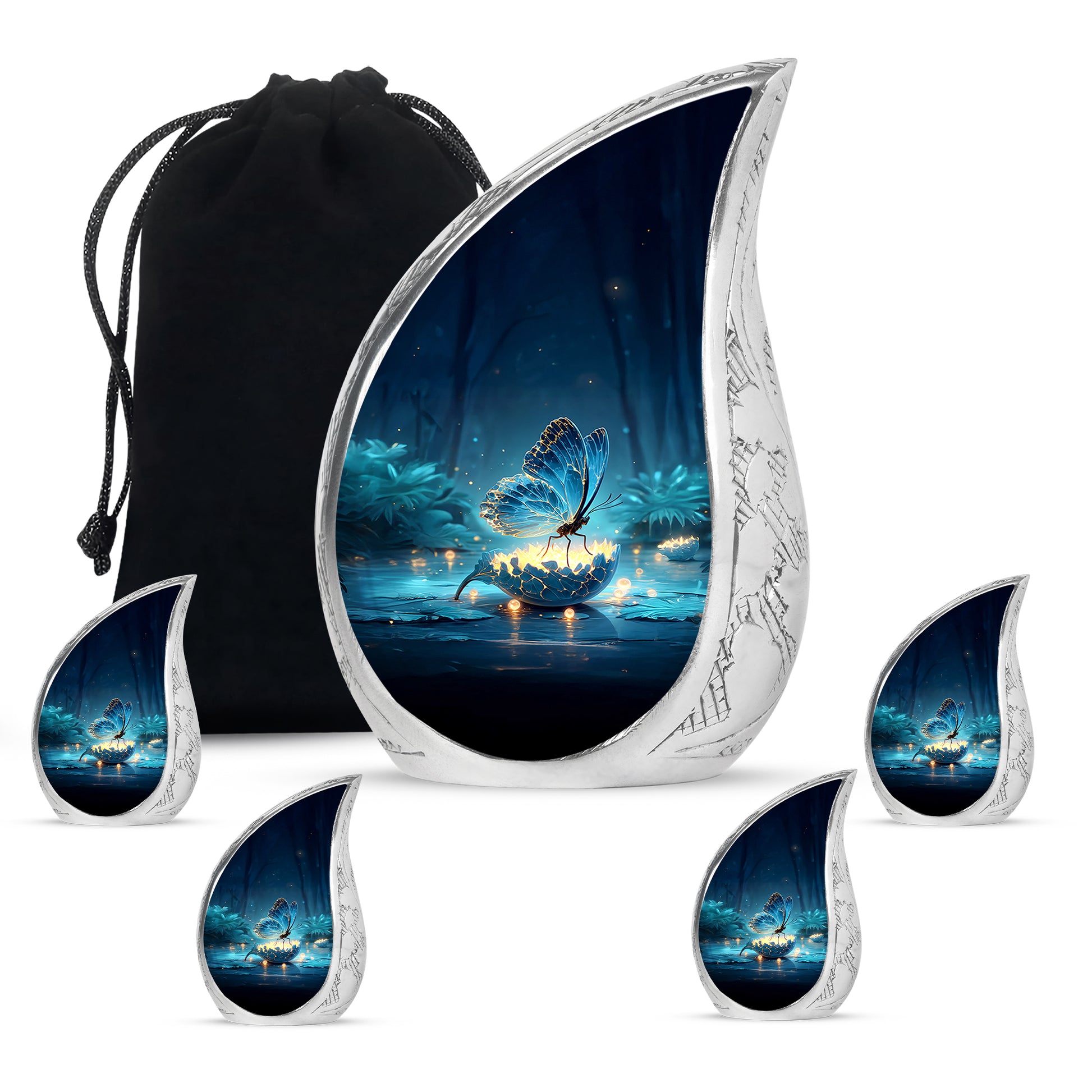 Navy Blue Butterfly Cremation Urn side profile showing urn shape - flowing teardrop butterfly silhouette on curved aluminum - memorial set with one large and four small urns