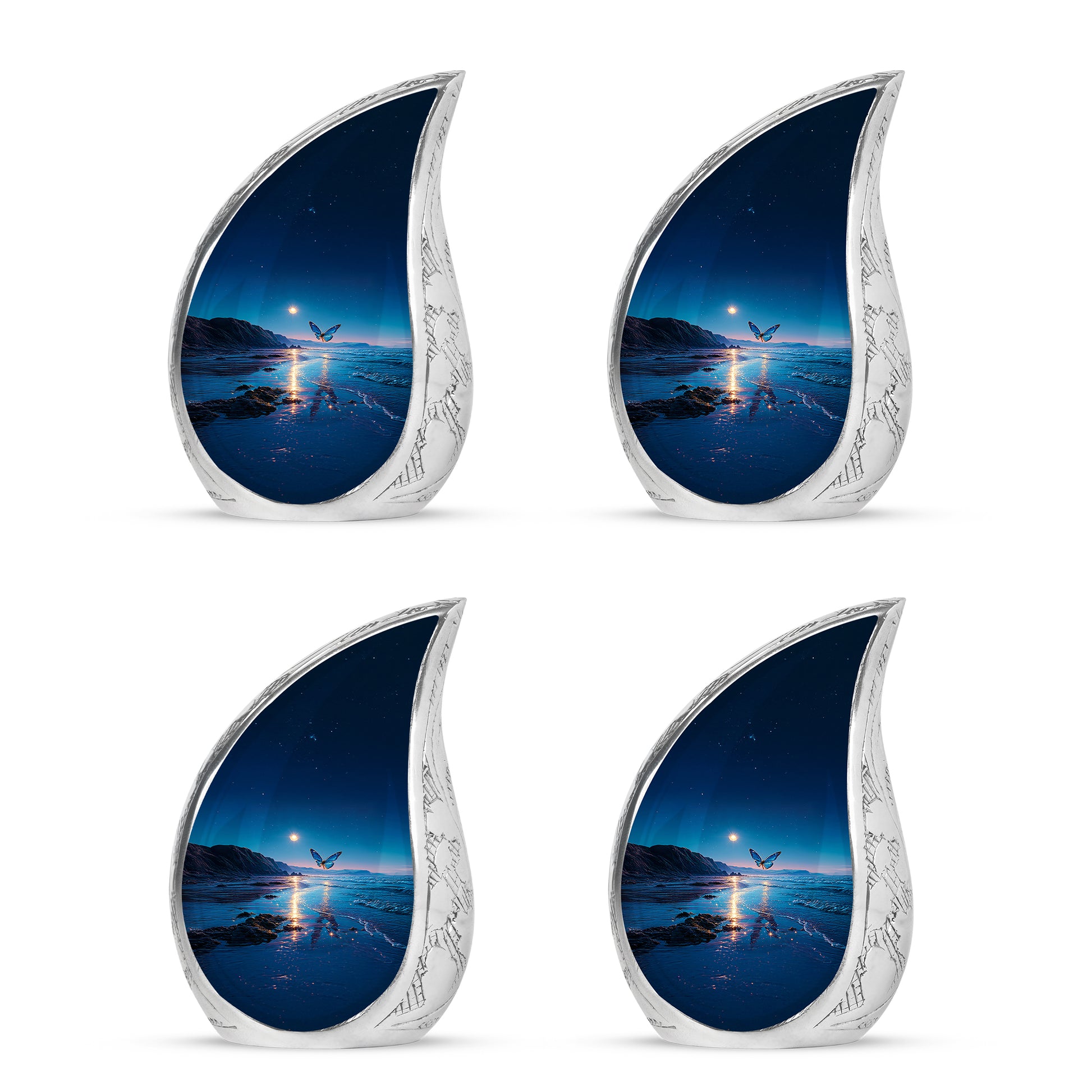 Misty Blue Butterfly Cremation Urn close-up of engraving and surface detail - rounded teardrop butterfly design with delicate detail - 10 inch aluminum urn for cremated remains