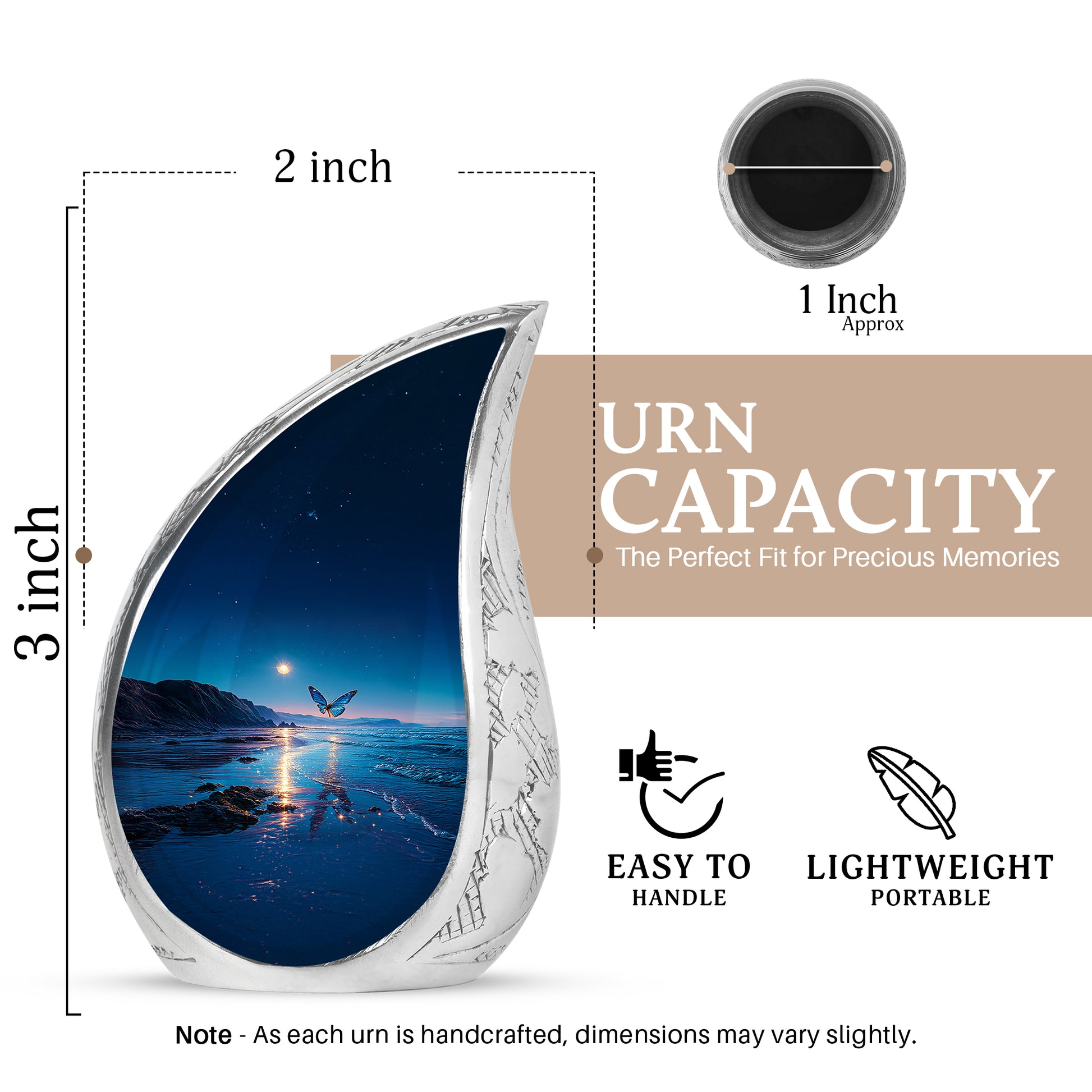 Calming Blue Butterfly Cremation Urn angled view of lid and engraved motif - smooth teardrop contour featuring butterfly art - mini keepsake memorial for portion of cremation ashes